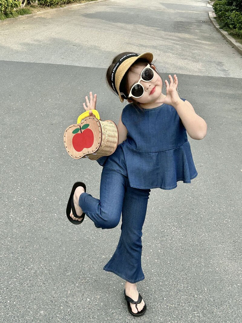 Girl's Summer Kids, Children Thin Denim Shirt and Flared Pants Outfit 2PCS