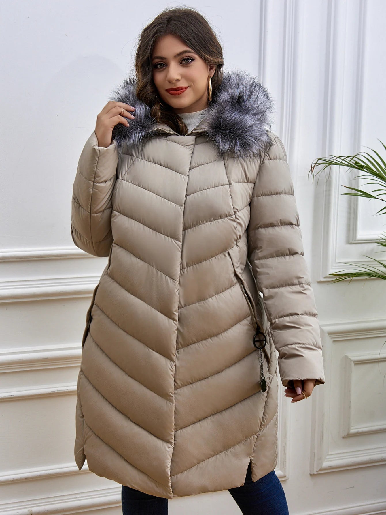 Women's Fur Collar Down Coat - Extra Long Winter Jacket