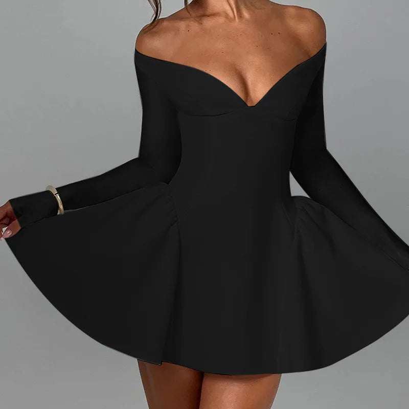 Women's Off Shoulder V Neck A-Line Mini Dress Club Party Outfits for Women Long Sleeve Sexy Bodycon Dresses Elegant Gown