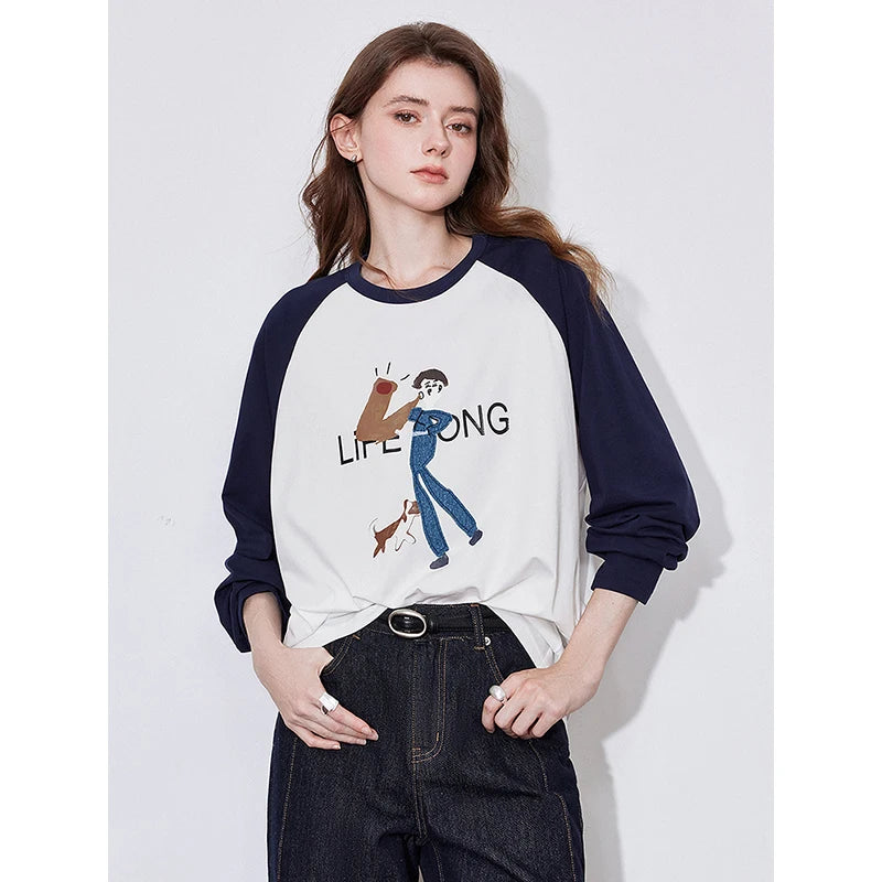 Women's Long Sleeve  Lyocell Denim Patchwork Embroidery Cotton Pullover T-Shirt