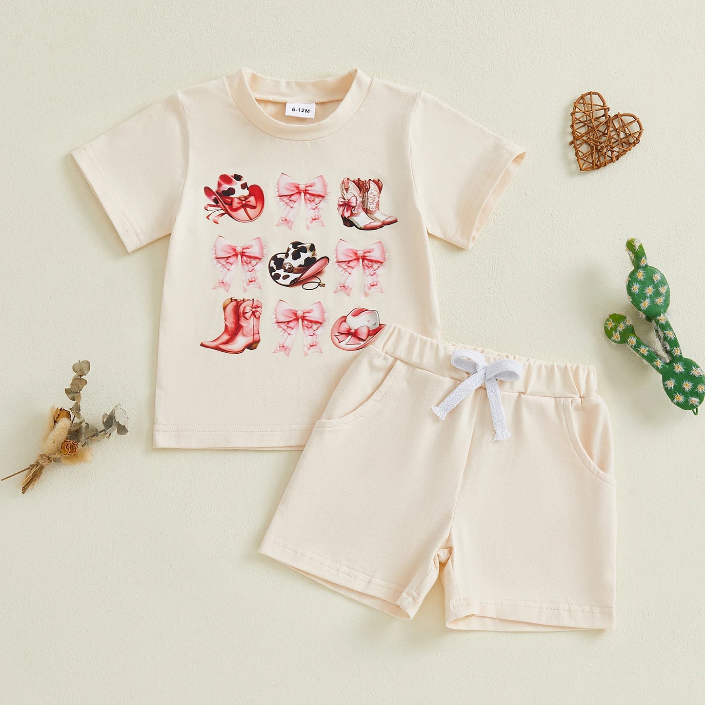 0-4Y Kids Girls Clothes Set Short Sleeve Crew Neck Letters Boots Print T-shirt with Shorts