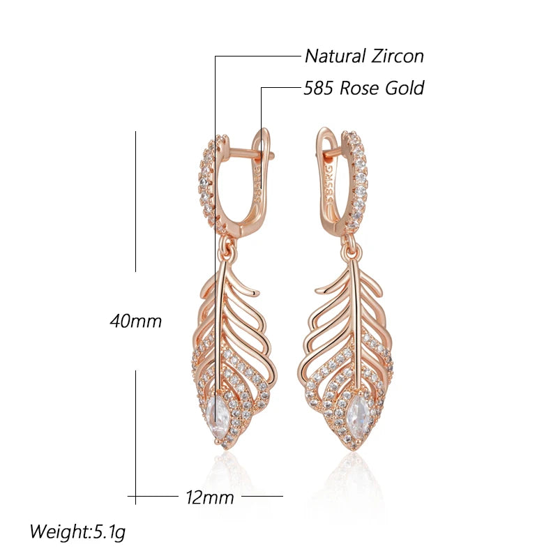 Women 585 Rose Gold Colour Crystal Leaf  Shiny Natural Zircon Vintage Drop Earrings