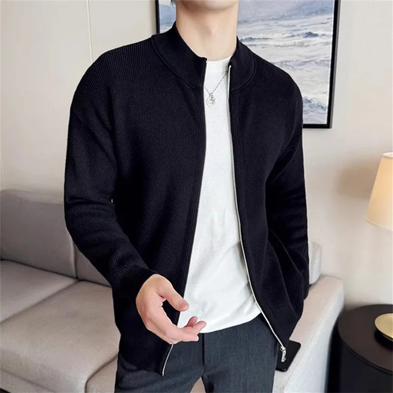 Men's Slim Fit Stand Collar Cardigan - Autumn Winter Zip-Up Knitted Sweater