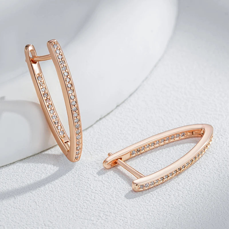 Rose Gold V-Shape Hoop Earrings - Natural Zircon Women's Jewelry