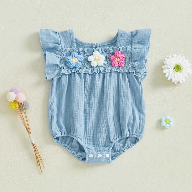 Newborn Baby Girls Flower Embroidery Romper - Smocked Flying Sleeve Jumpsuit (0-12M)