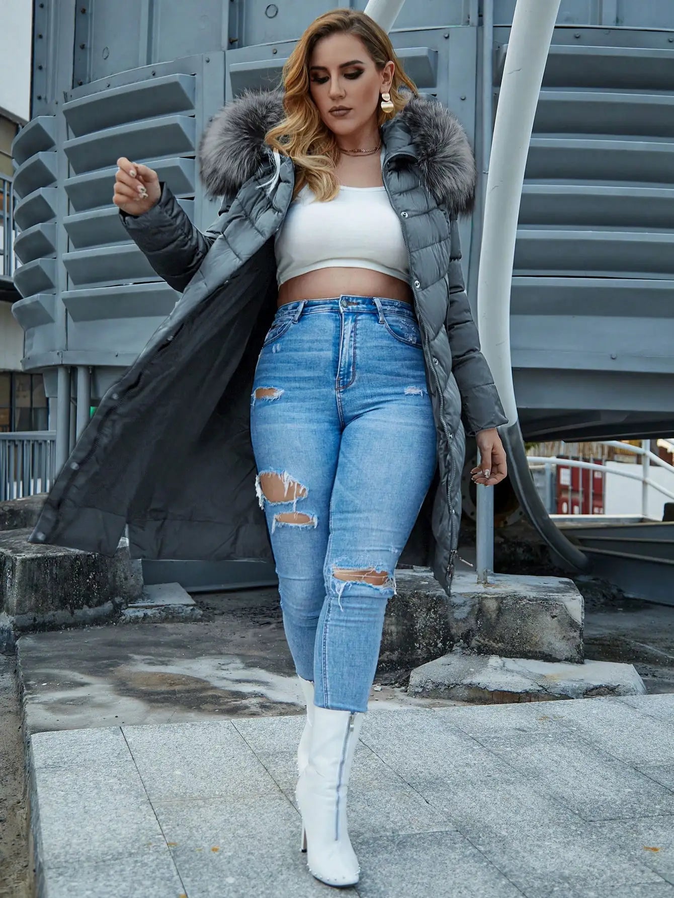 Women's Fur Collar Down Coat - Extra Long Winter Jacket