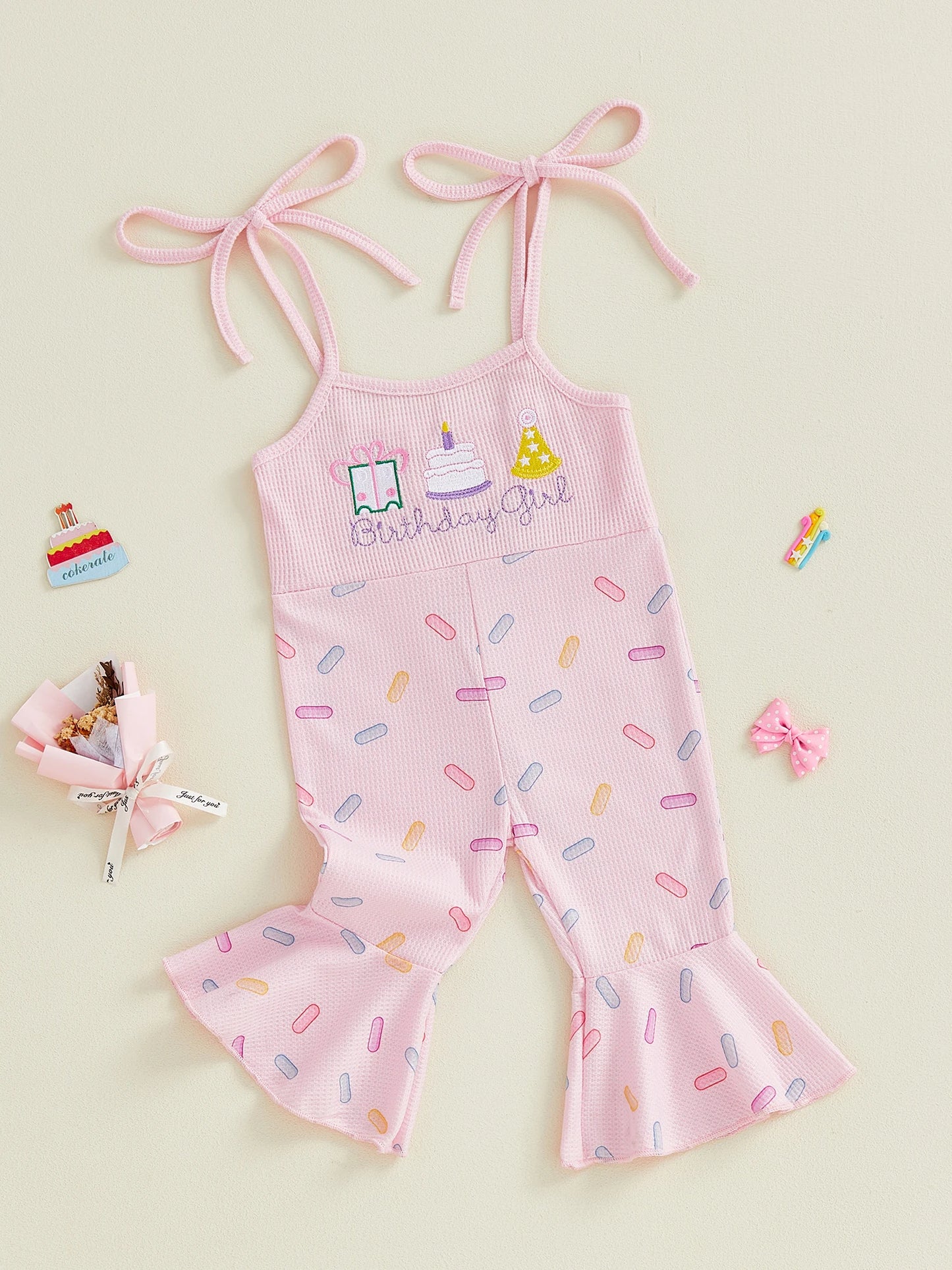 Toddler Girls Birthday Overalls Jumpsuit - Cake Embroidery Sleeveless Bell Bottom Flare Pants