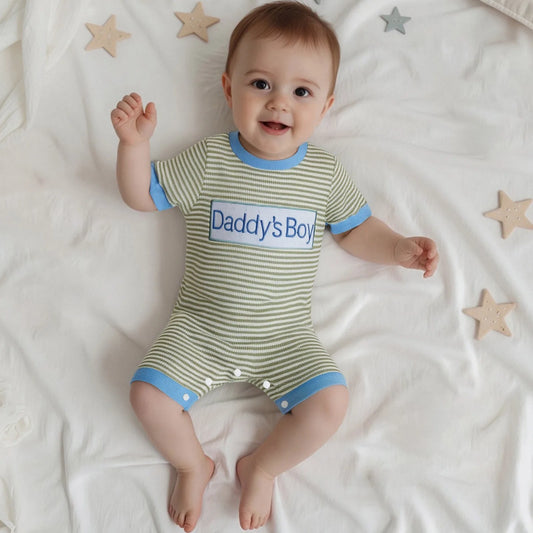 Newborn Baby Boys Summer Romper - Letter Embroidery Striped Jumpsuit (0-18M)