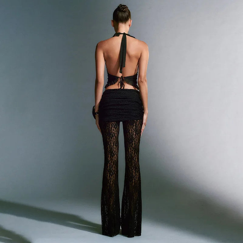 Women's Hollow Out Lace Sheer Flare  Trousers