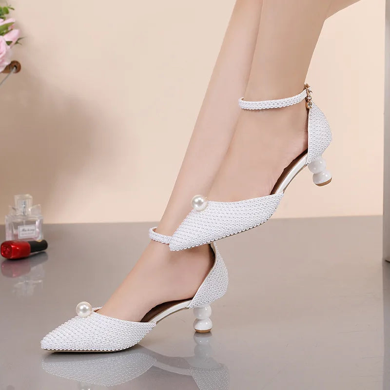 Women's 5cm Round Heel Shaped Heel Pearl Sandals