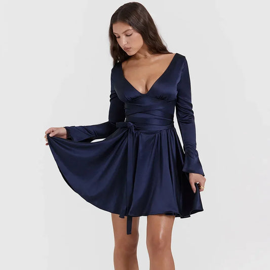 Women's Long Sleeve V Neck Belt Party Dress