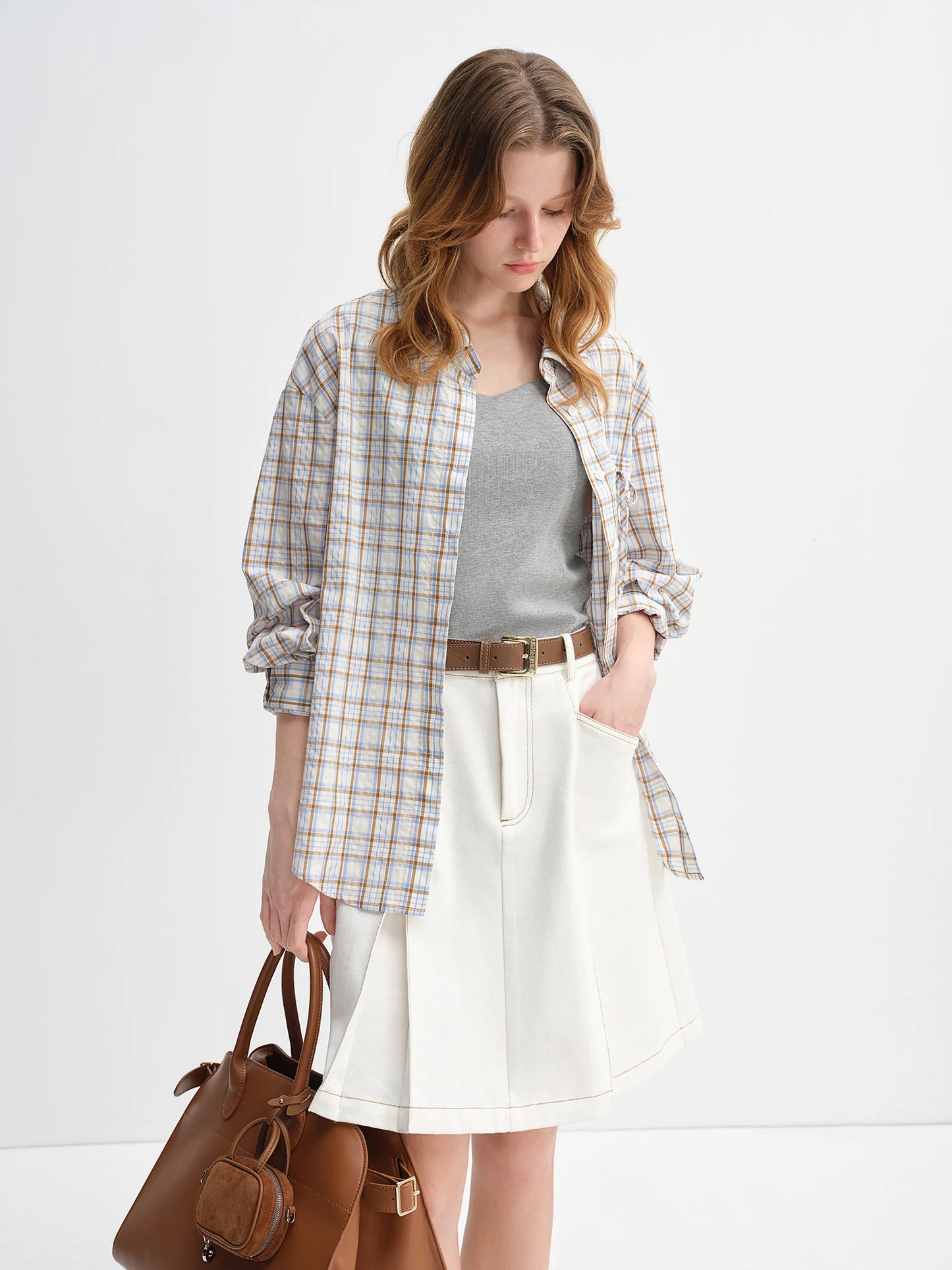 Plus Size Plaid Collar Shirt - Drawstring Pocketed Casual Top