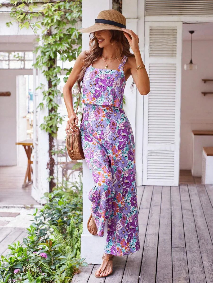 Women Elegant Long Jumpsuit - Backless Wide Leg Jumpsuits Casual Sleeveless Floral Summer Jumpsuit