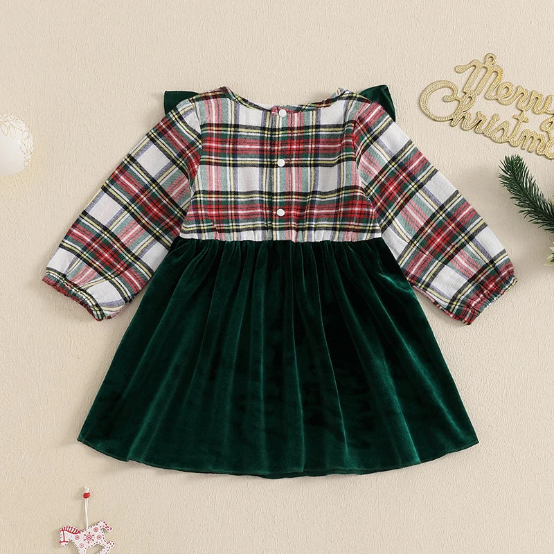 0-4Y Girl Christmas Plaid Print Velvet Patchwork Long Sleeve Crew Neck Ruffled A-Line Dress