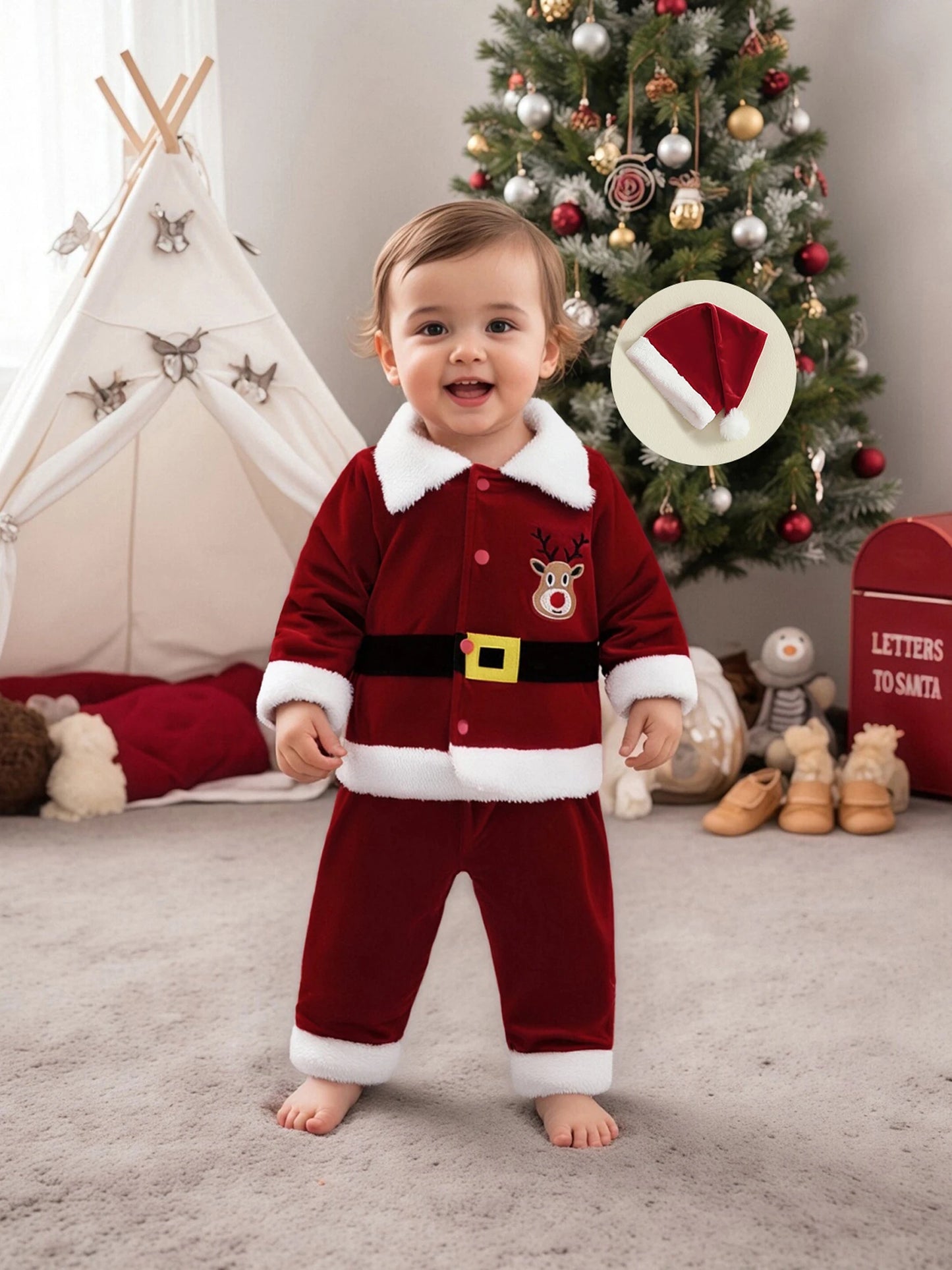 Christmas Santa Costume Set - Kids Lapel Button Down Top & Pants Outfit