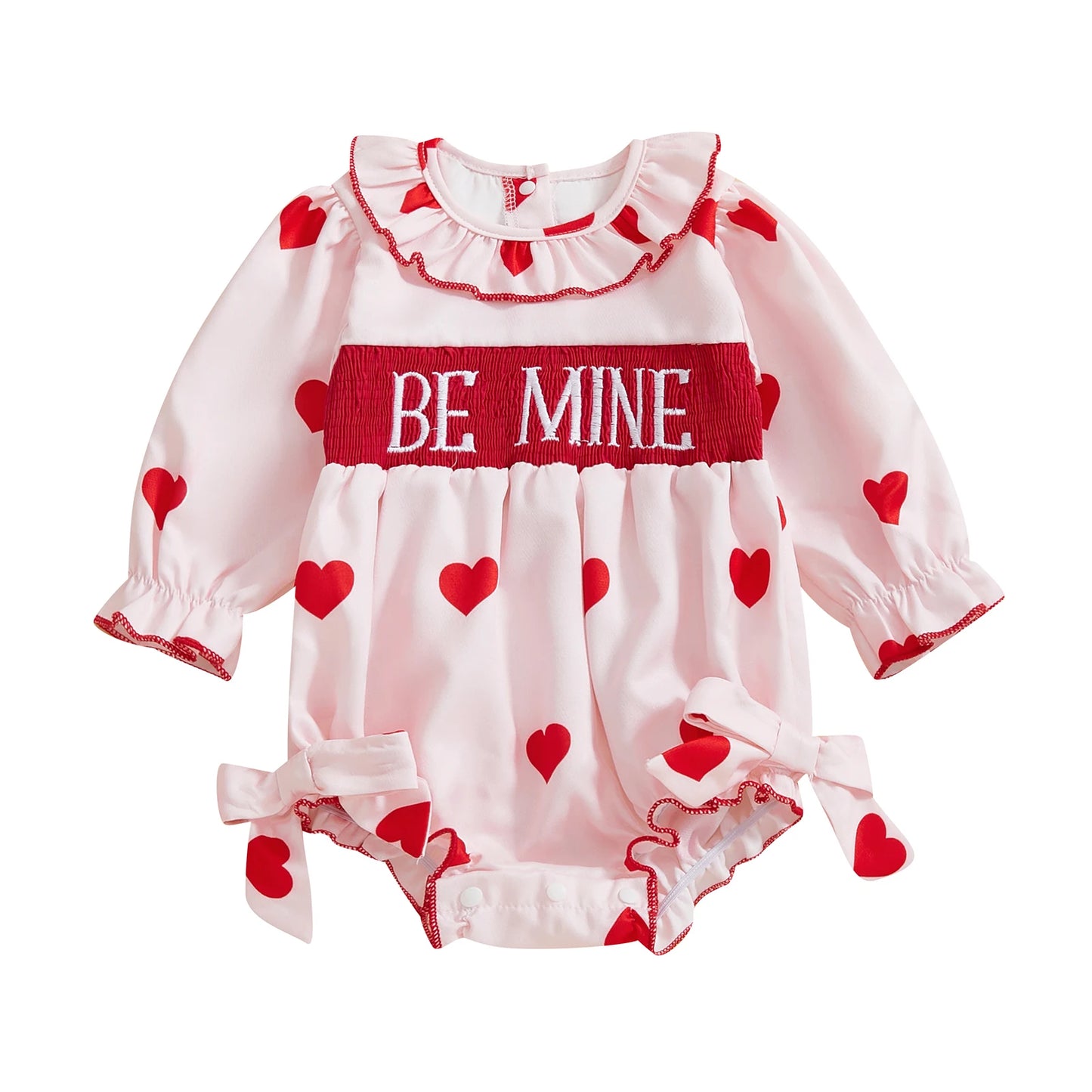 Baby Girls Valentine's Day Romper - Heart Print with Letter Embroidery & Bow (0-24M)