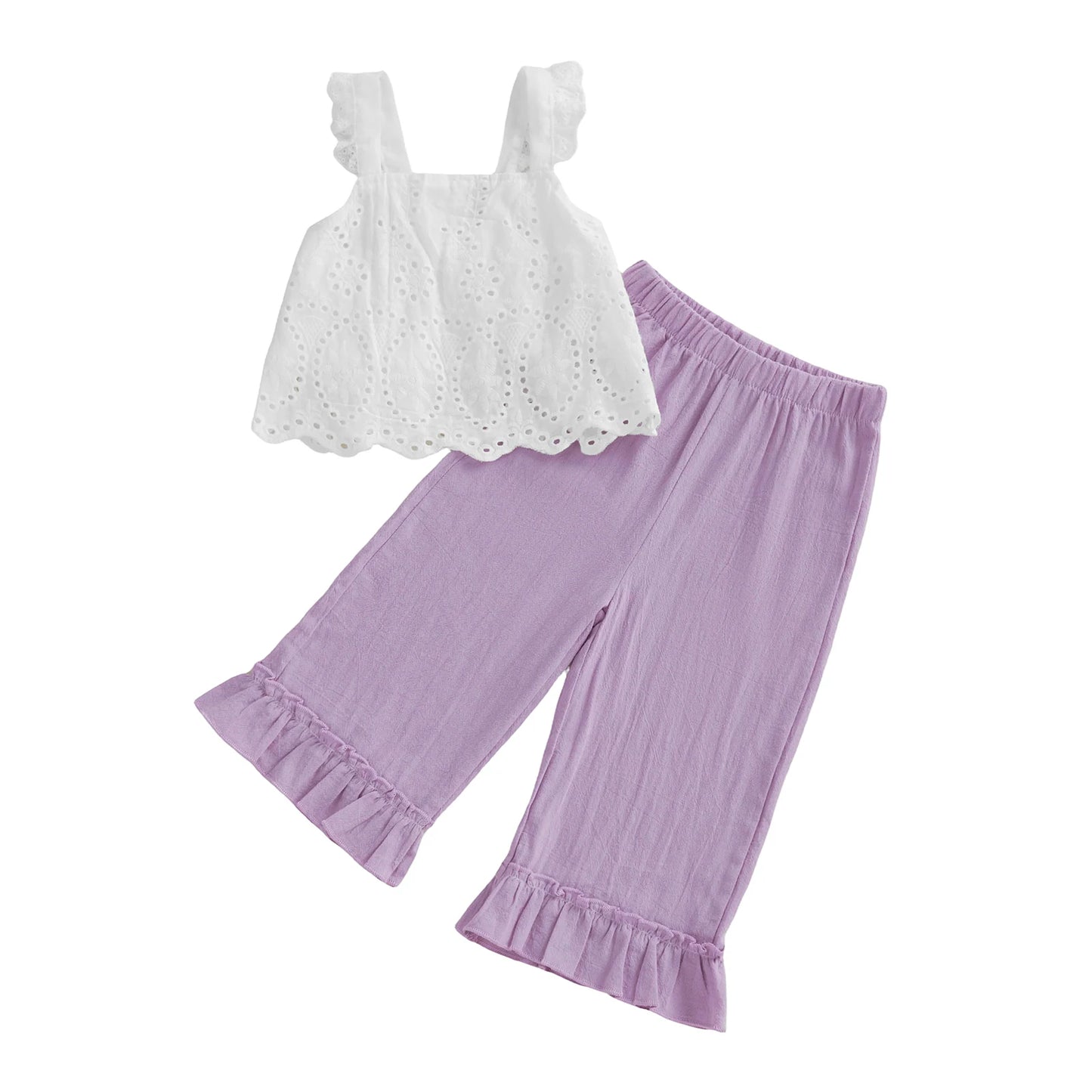 Girls Spring Outfit Set - Lace Ruffle Sleeveless Top & Wide Leg Pants (2-7Y)