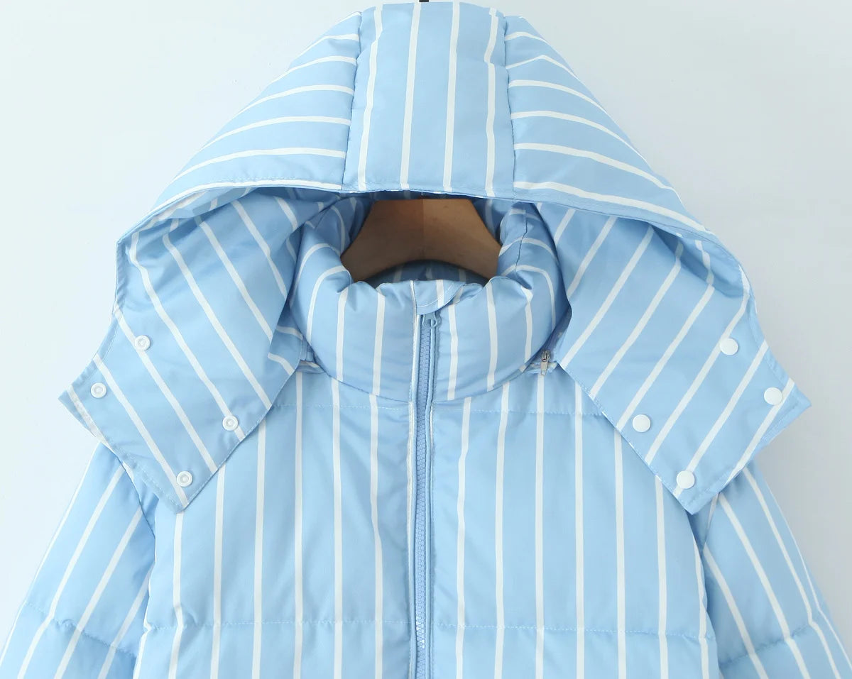 Striped Hooded Bread Jacket - Front Zipper Long Sleeve Warm Coat
