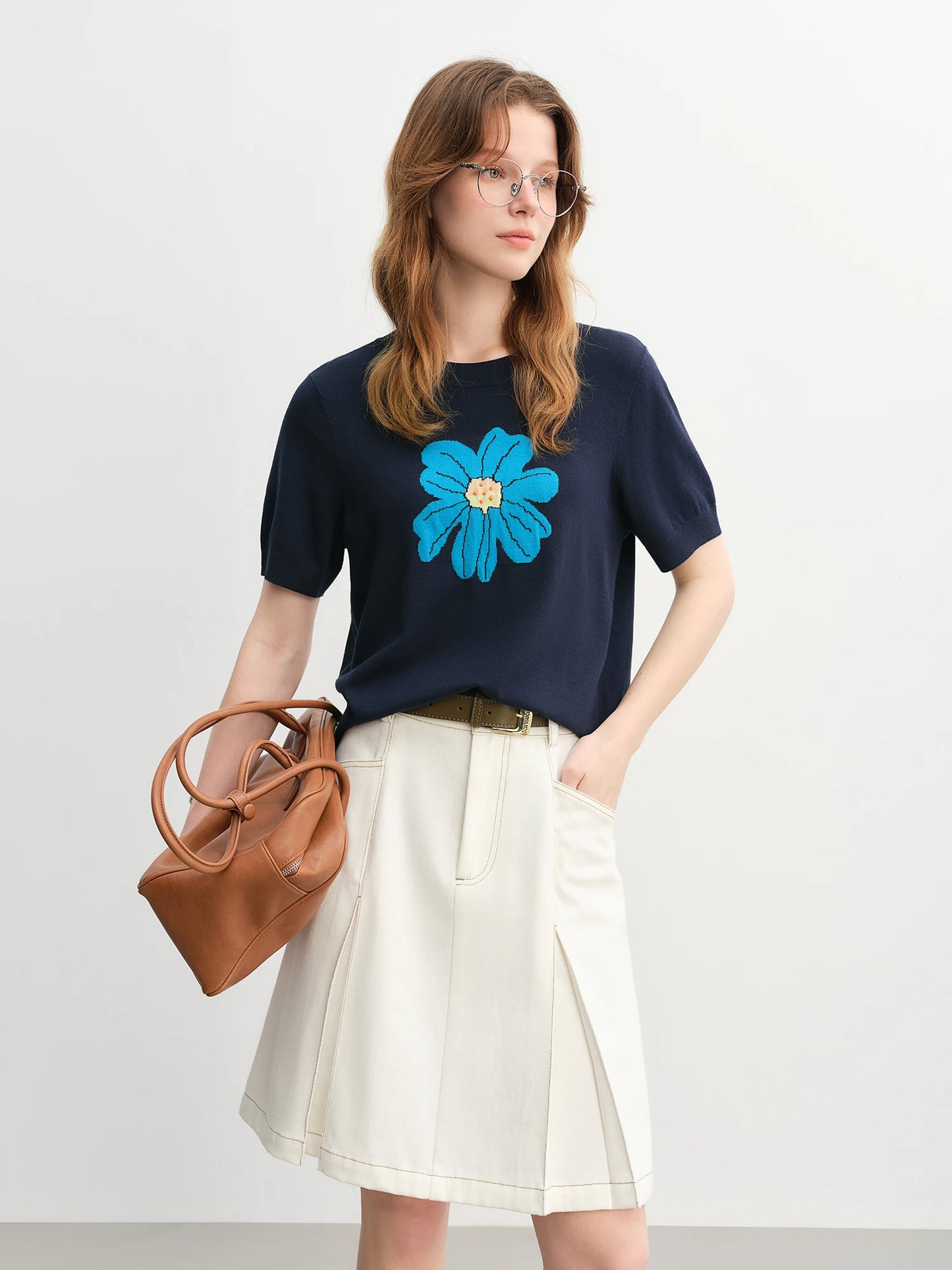 Women's Autumn Clothing Set - Long Sleeve Shirt & A-Line Skirt