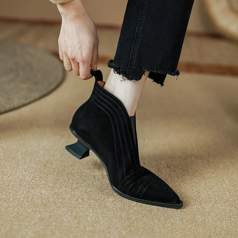 Women's  High-heel Sheep Suede Leather Shoes Pointed Toe Ankle Boots