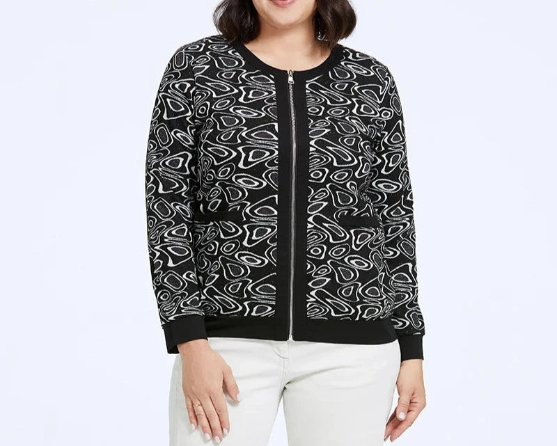 Women's Round Neck Print Windbreaker Zipper Jacket