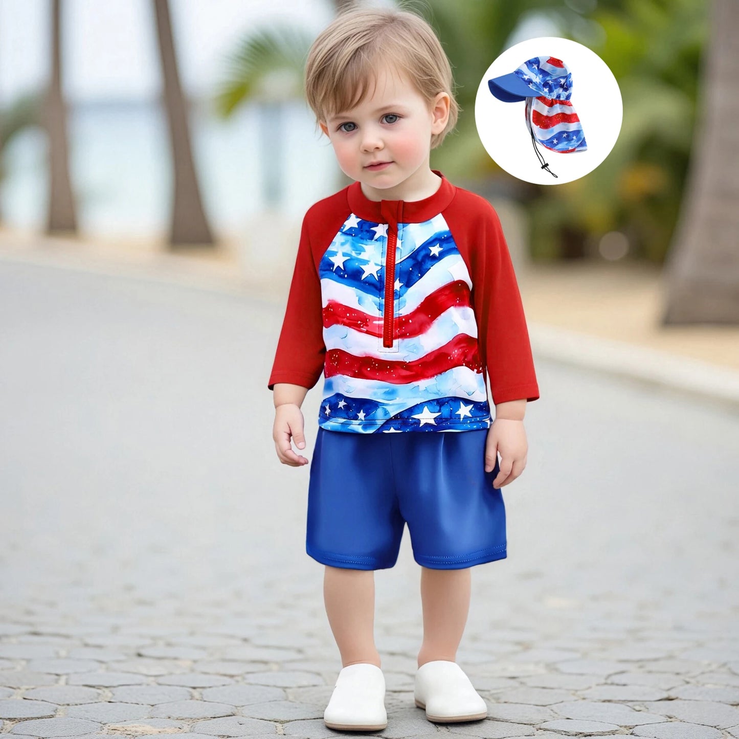 0-5Y American Flag Kids Boys 4th Swimwear Clothes Sets Long Sleeve Stars Print T-shirt with Shorts and Hat