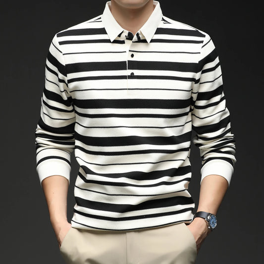 Turn Down Collar Striped T-Shirt - Smart Casual Breathable Tee