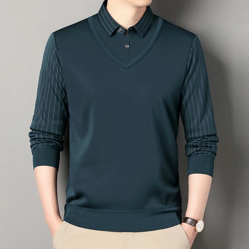 Fake Two Piece Knitted Sweater - Shirt Collar Smart Casual Fleece