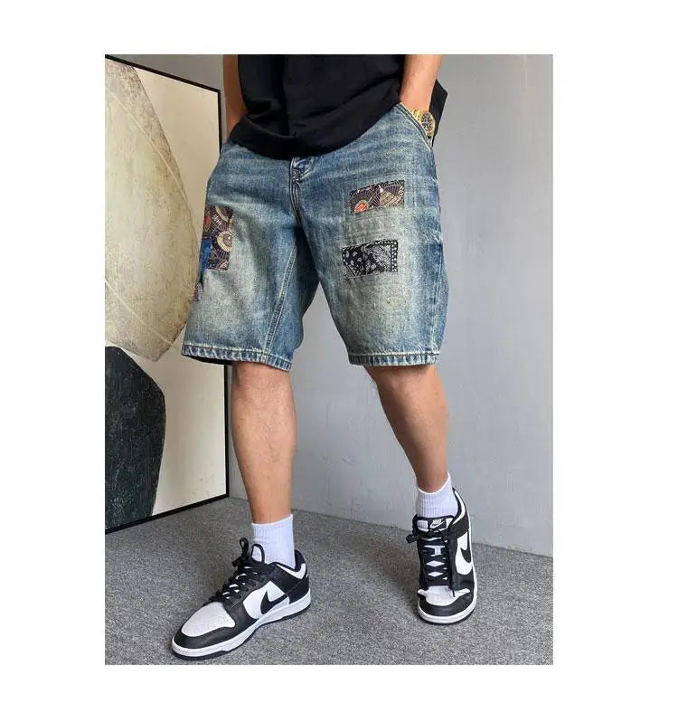 Men's Summer American Casual Embroidery Patch Vintage Denim Shorts
