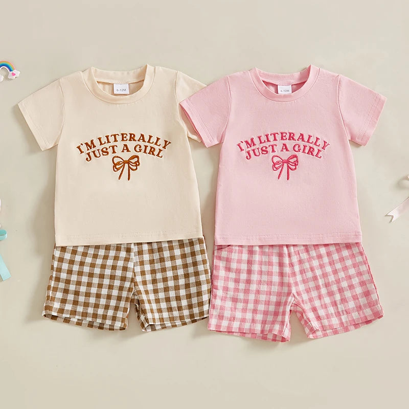 0-4Y Kids Girls Summer Clothes Sets 2pcs Outfits Short Sleeve Letter Bow Embroidery T Shirts Plaid Shorts Sets
