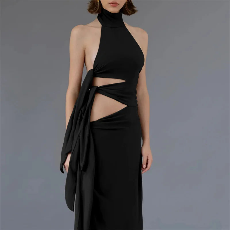 Sleeveless Split Maxi Dress - Halter Bandage Evening Gown