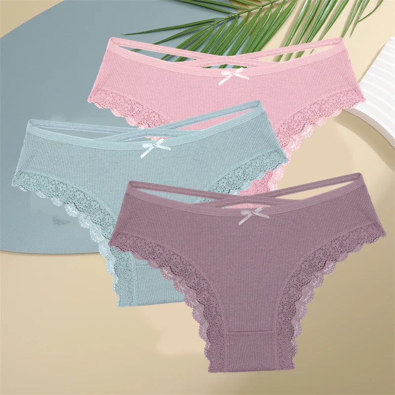 3PCS Women Cotton Underwear Panties Lace Briefs Low-Waist Cross Belt Hollow Out Cozy Lingerie