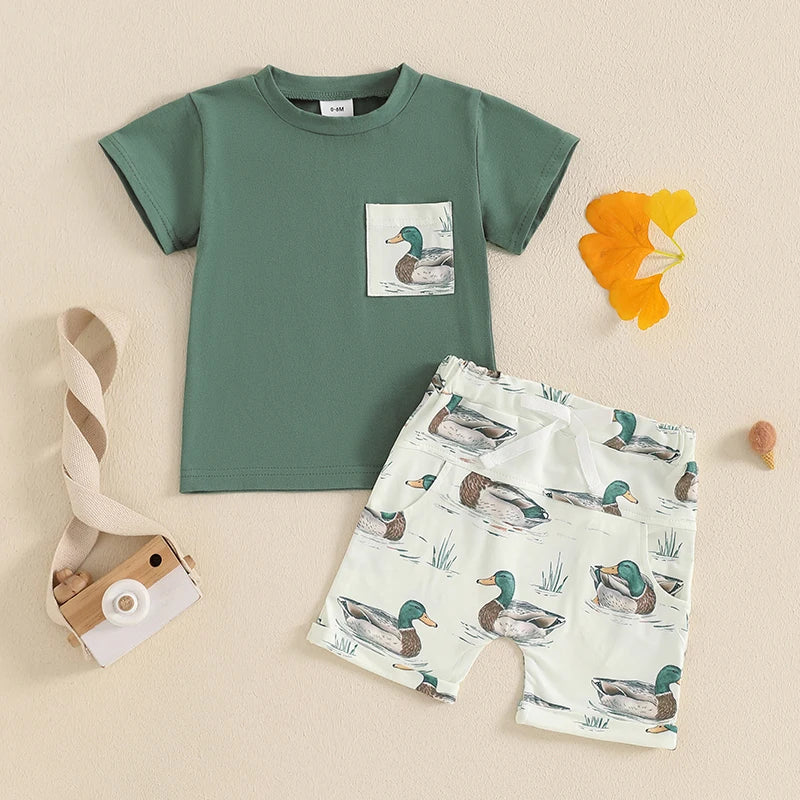 Baby Boys Duck Print Outfit Set - Patchwork T-Shirt with Elastic Waist Shorts