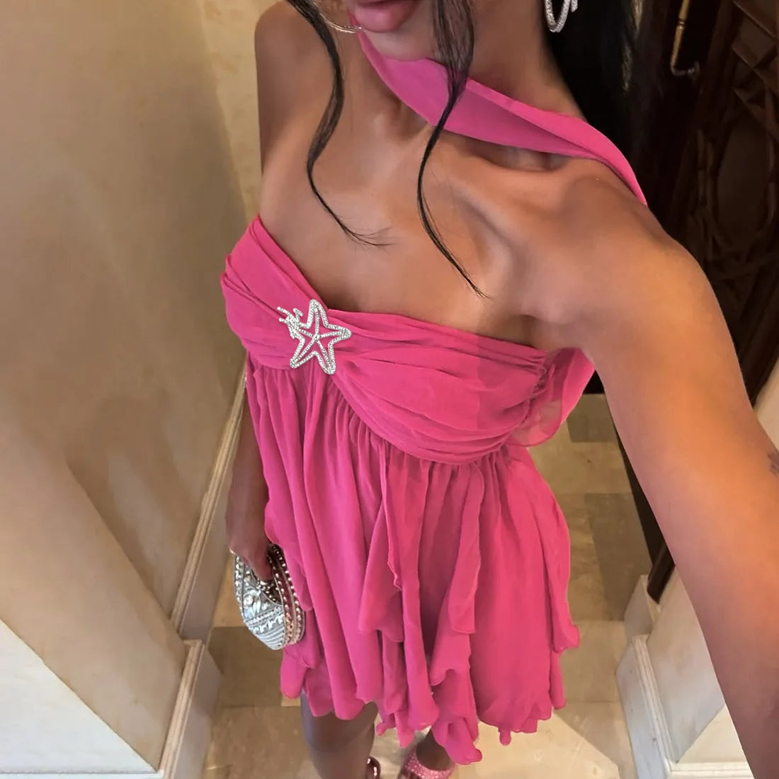 Women's Summer Halter Floral Mesh Mini Dress - Strapless Backless Holiday Dress