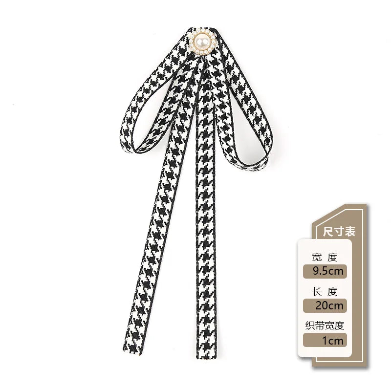 Houndstooth Ribbon Bow Brooch with Pearl