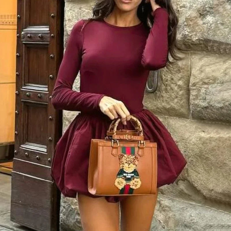 Women's Folds Backless Long Sleeve Mini Patchwork Dress