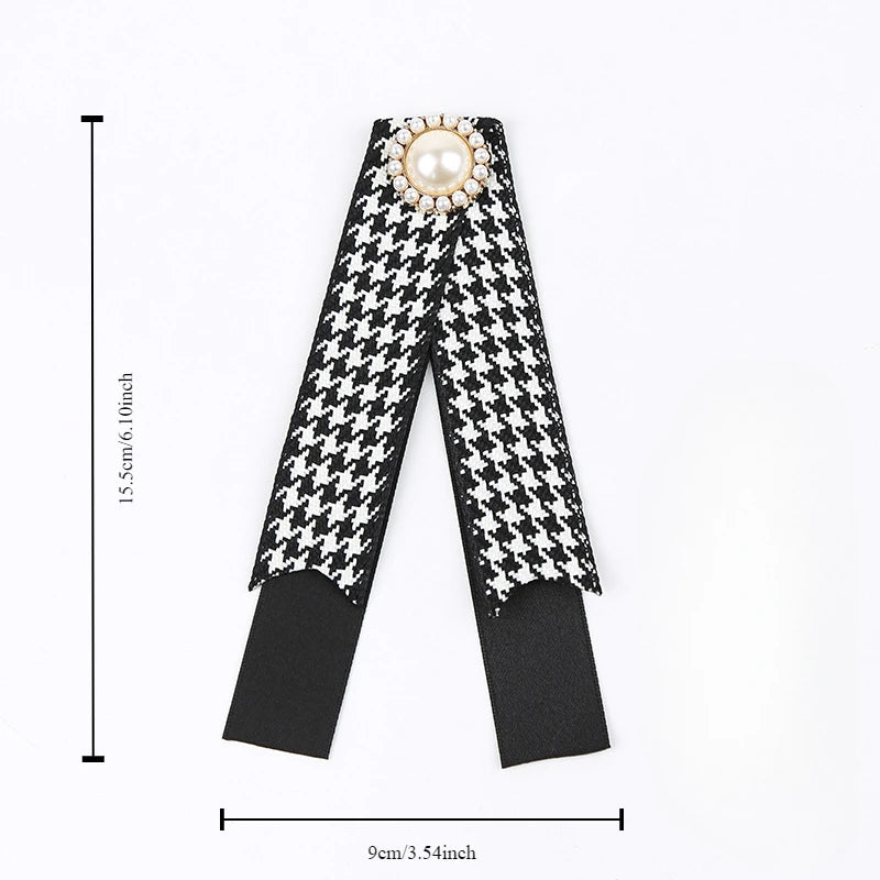 Houndstooth Ribbon Bow Brooch with Pearl