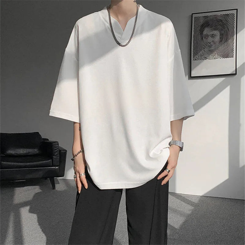 Men's Summer Three Quarter Collar  V-Neck Loose  T-shirt