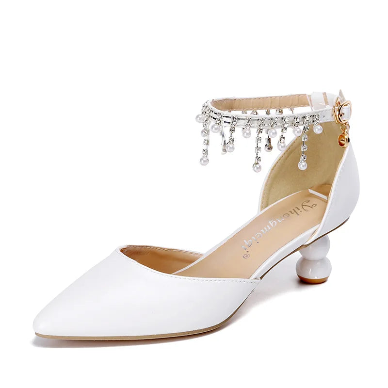 Women's 5cm Round Heel Shaped Heel Pearl Sandals