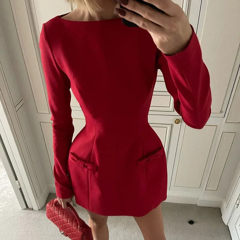 Women's Bows Splice Long Sleeve Mini Dress Elegant Office Woman Solid Bodycon Club Party Dresses 2024 Autumn High Waist Fashion