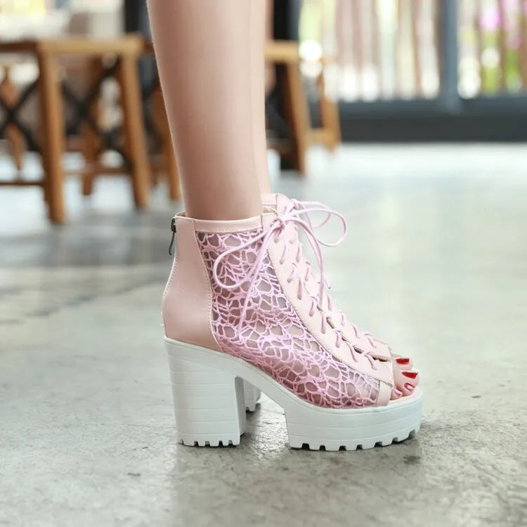 Women's Open Toe Summer Short Back Zipper Leather Mesh Hollow Cool Boots