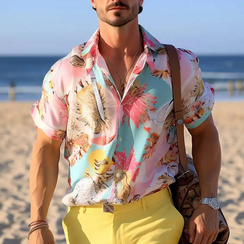 Men Printed Lapel Short Sleeve Summer Hawaiian Shirt