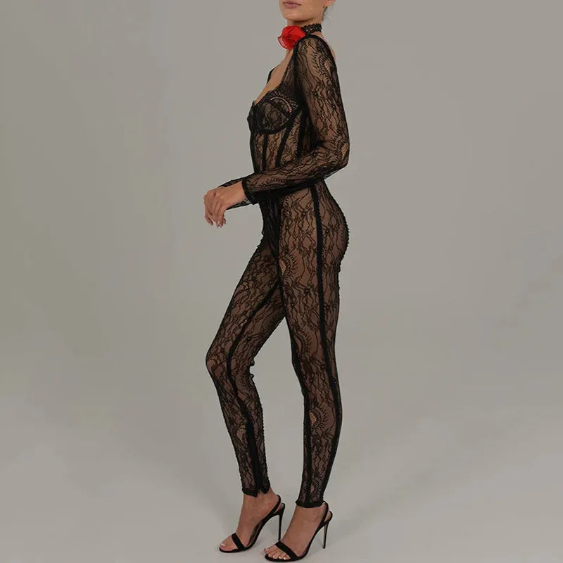 Women's Sheer Lace Hollow Out Jumpsuits Zip Up Backless Outfits - Unitards Square Neck One Piece