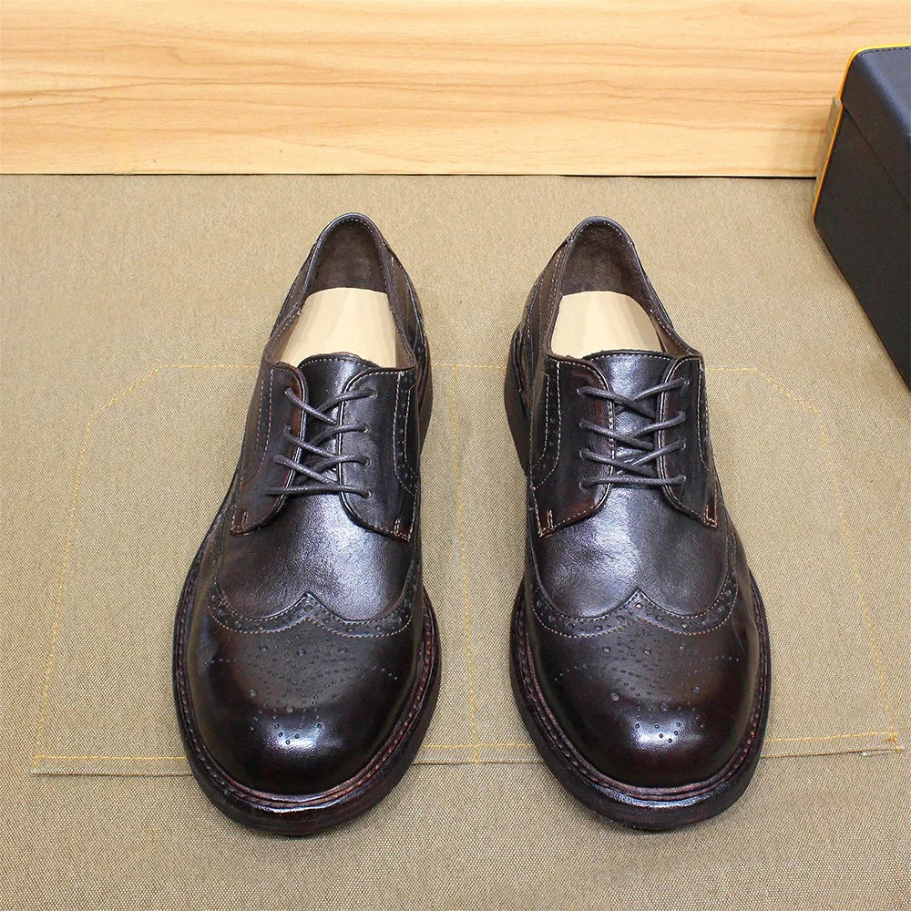 Handmade Stitched Derby Dress Shoes - Soft Calfskin Leather Wingtip Brogue