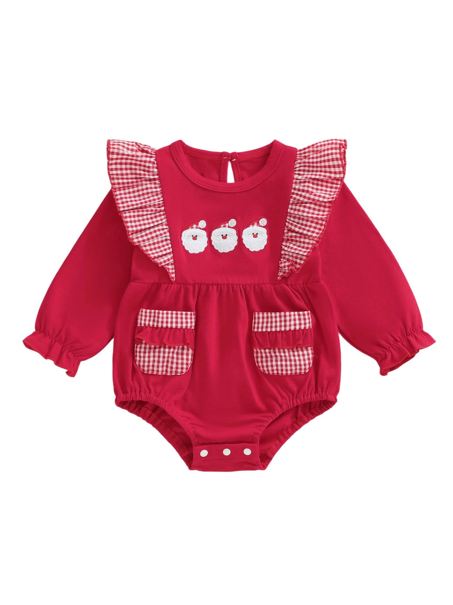 Baby Christmas Romper - Santa Plaid Ruffle Trim Long Sleeve Bodysuit with Pockets (0-18M)