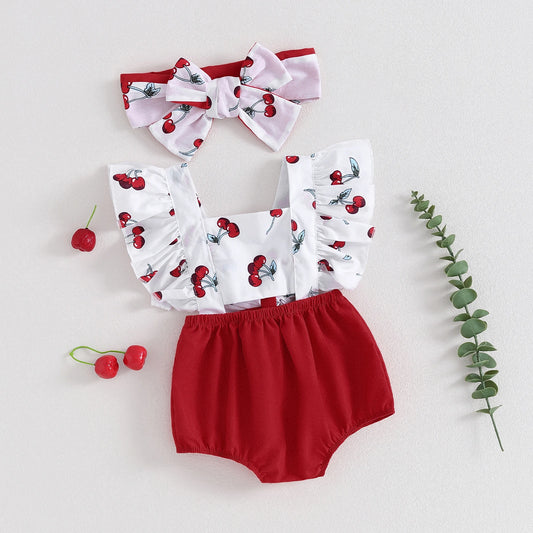 0-18M  Baby Girls Summer Romper Sets Ruffles Fly Sleeve Fruit Print Backless Jumpsuits