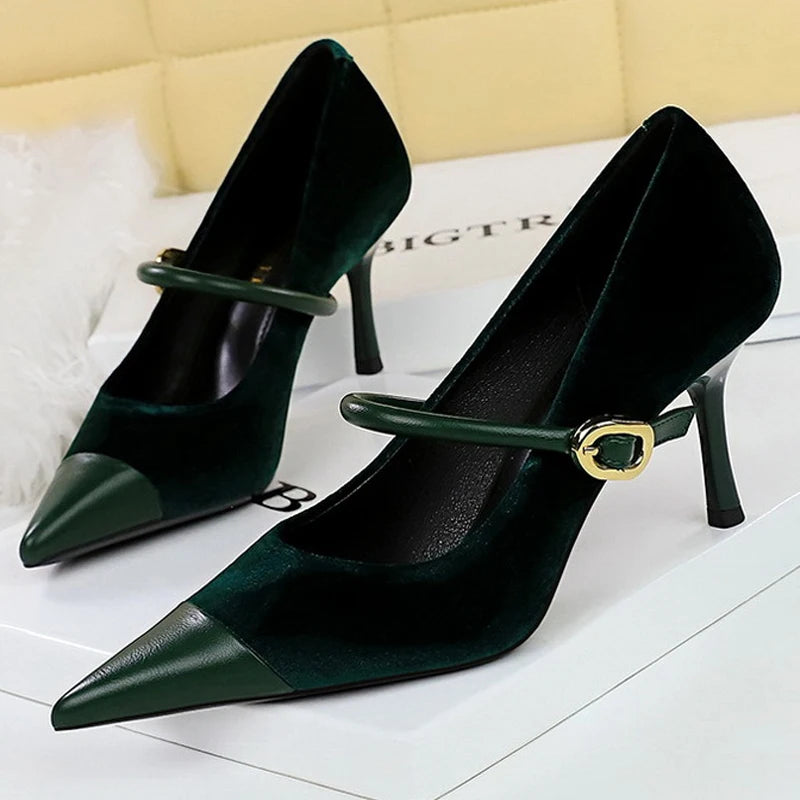 Suede Buckle Design Pumps - Pointed Toe Stilettos Available in 7cm and 10cm Heights