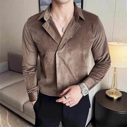 Men's Long Sleeve Turn Down Collar Double Breasted Shirt