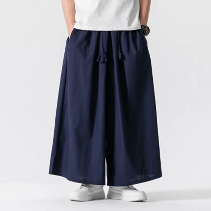 Men's Chinese Style Loose Wide Leg Summer Cotton Linen Casual Trousers