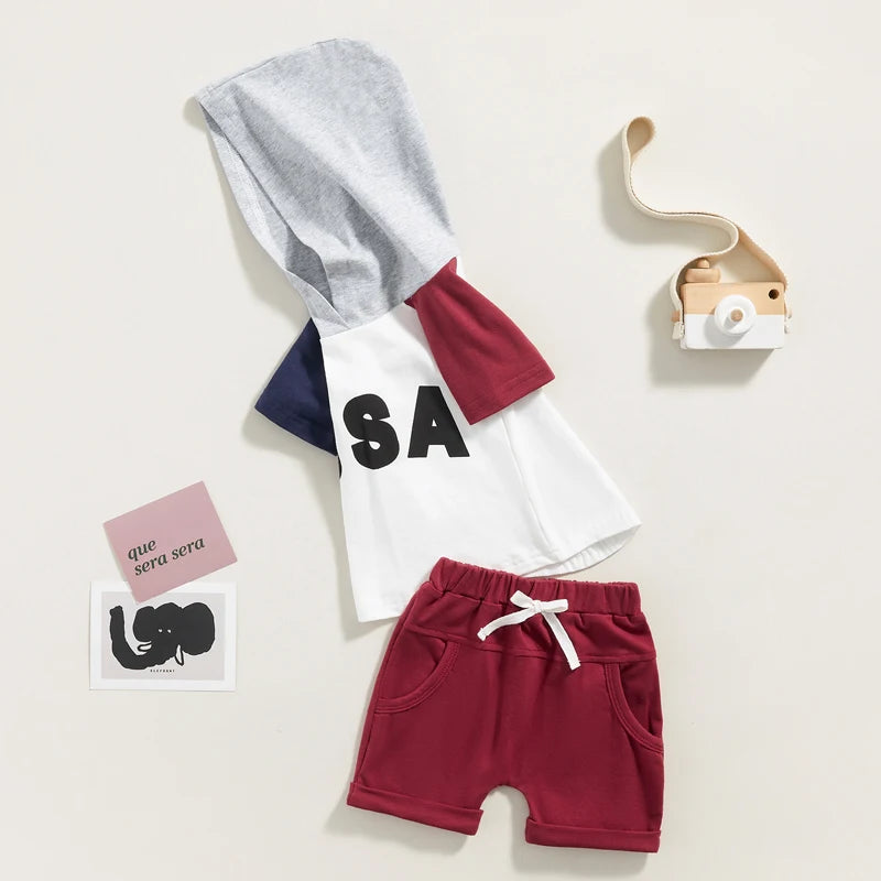 Baby Boy USA Letter Print Colour Patchwork Short Sleeve Hooded T Shirts Shorts 2pcs Set  0-3Y